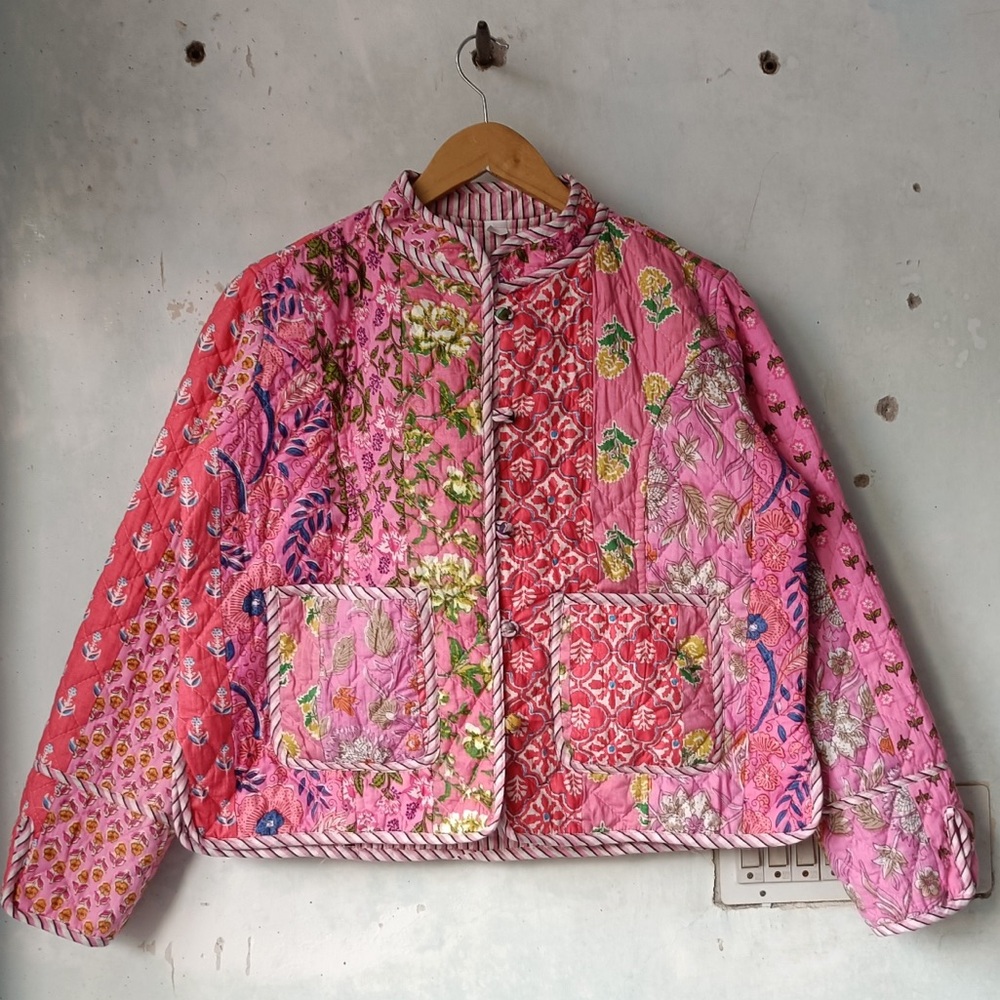 Handmade Floral Pink Quilted Jacket